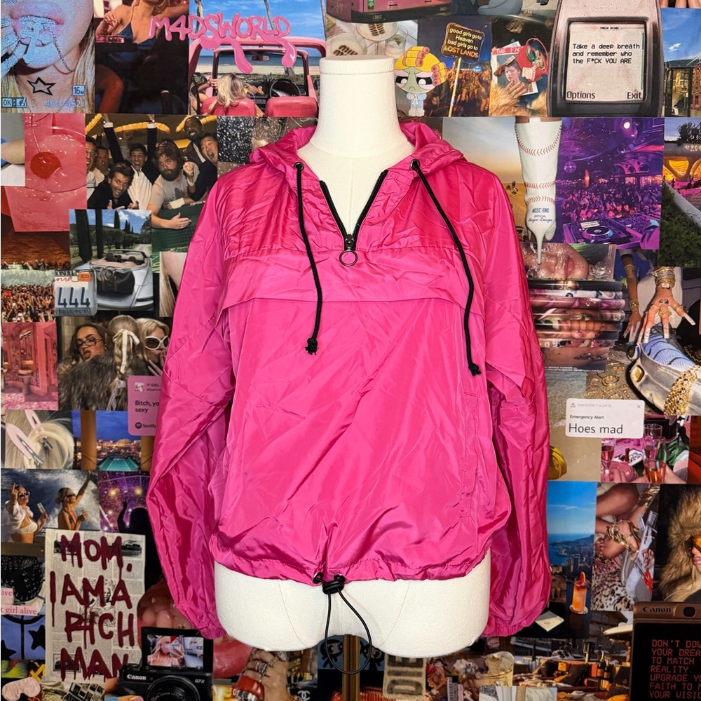 Pink windbreaker quarter zip jacket with hood